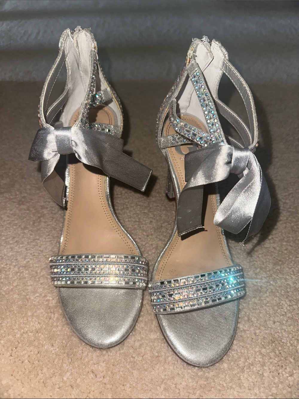 Gianni Bini Silver Rhinestone Bow Ankle-Strap Heels